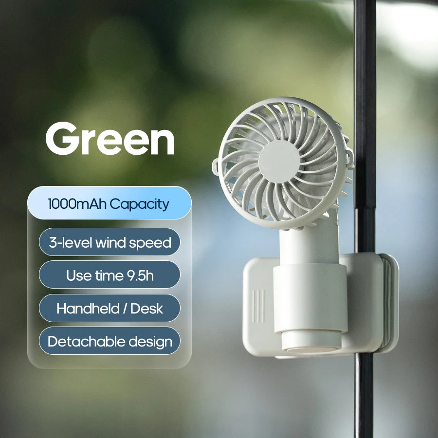 Portable Multifunctional Mini Clip Fan USB Rechargeable 1000mAh 3 Wind Speeds Adjustable Silent Handheld Fan for Travel Umbrella