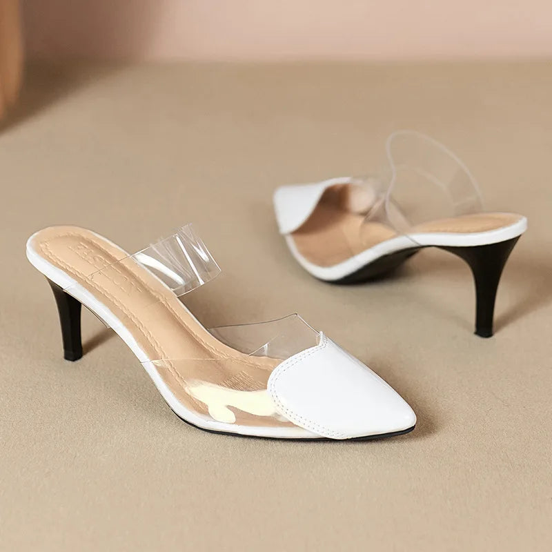 Pointed Toe Slippers,2024 High Heeled Summer Shoes,Transparent PVC Slides,Outside Wearing,Slip On,Black,White,Red,35-40,Dropship - Belvar