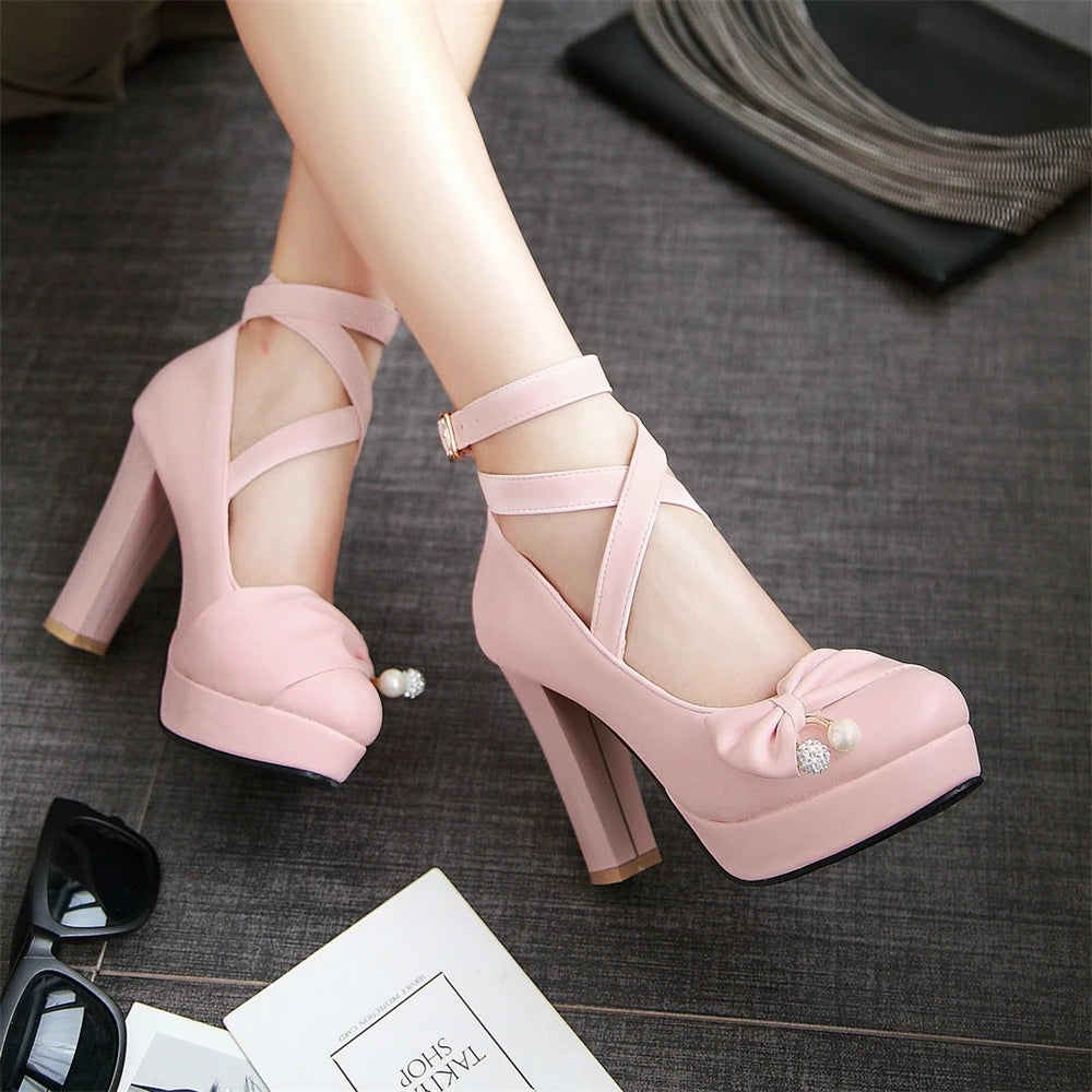High Heels Women 2025 Trend Chunky Heels Platform Lolita Mary Jane Elegant Party Korean Shoes Dress White The Glossy Fashion - Belvar
