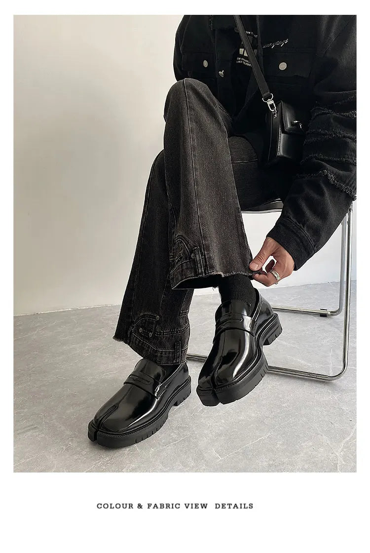 Split toe horseshoe shoes for men's thick sole Loafer shoes Tabi shoes patent leather Korean version trend casual leather shoes - Belvar