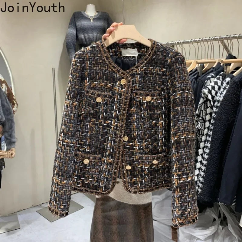 Vintage Jackets 2025 Women Clothing O-neck Long Sleeve Pocket Tweed Temperament Tops Fashion Korean Cropped Coat Y2k Clothes
