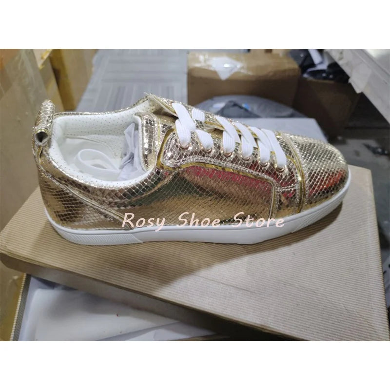 Silver Gold Glossy Textured Men's Women's Sneakers Cute Round Toe Fashion Lace Up Flat Casual Daily Couple Shoes Training Shoes