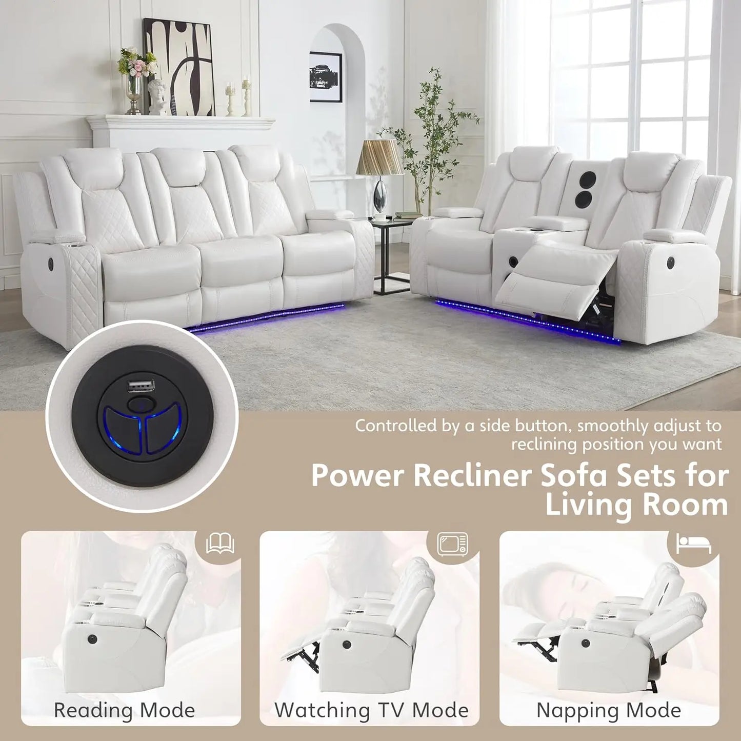 3 Seats Power Reclining Sofa with Wireless Charger,LED Floor Lights,Reading Light, Drop-down Table, USB/Type-C Port (Model:M070)