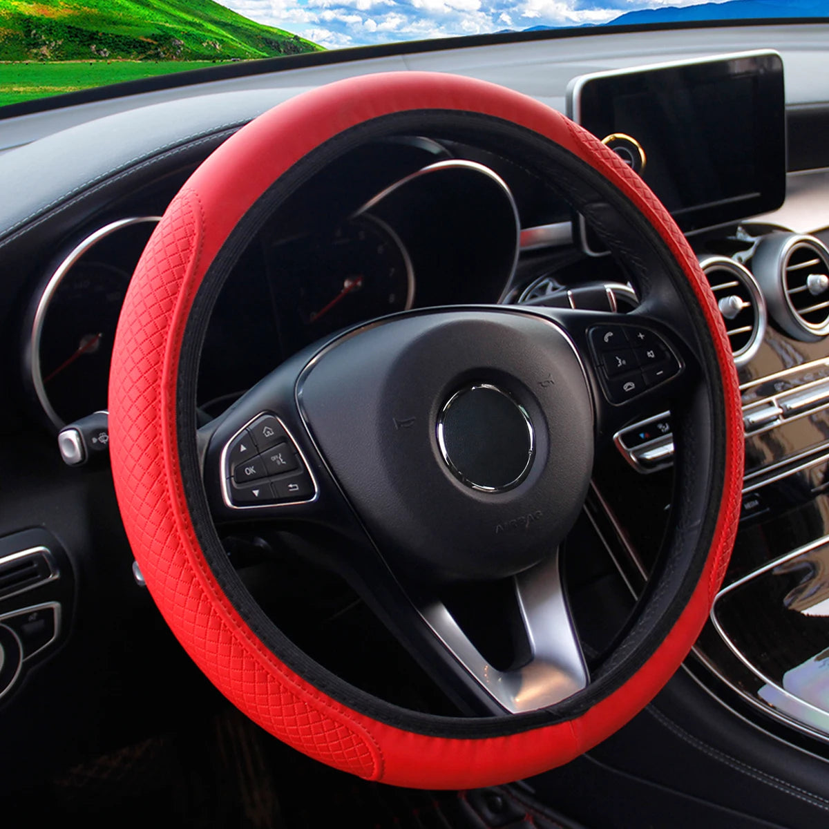 PU Leather Embossed Three-dimensional Car without Inner Ring Steering Wheel Cover for 14.5-15 Inches of Automotive Supplies
