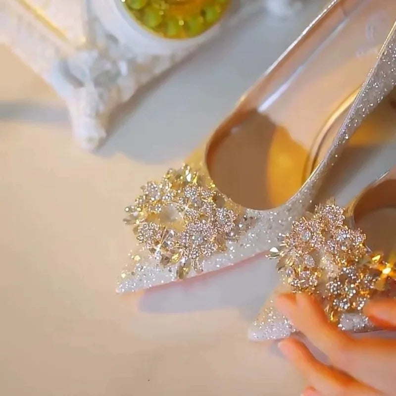 Womens High Heel Shoes Fad Elegant Crystal Pointed Toe Pumps Retro Shallow Mouth Banquet Party Wedding Women Shoes Zapatos Mujer - Belvar