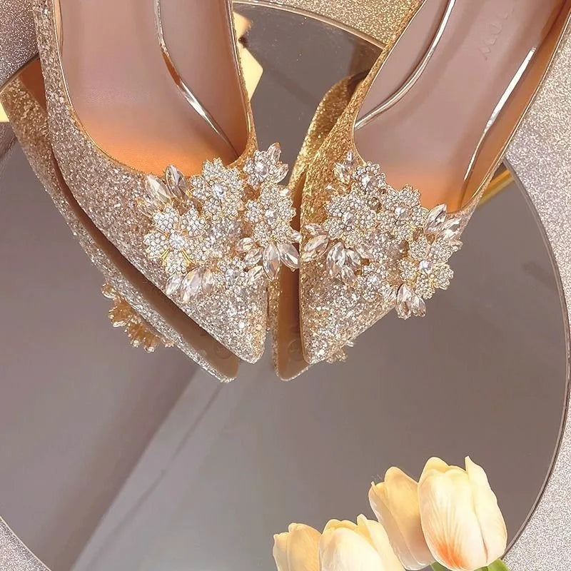 Womens High Heel Shoes Fad Elegant Crystal Pointed Toe Pumps Retro Shallow Mouth Banquet Party Wedding Women Shoes Zapatos Mujer - Belvar