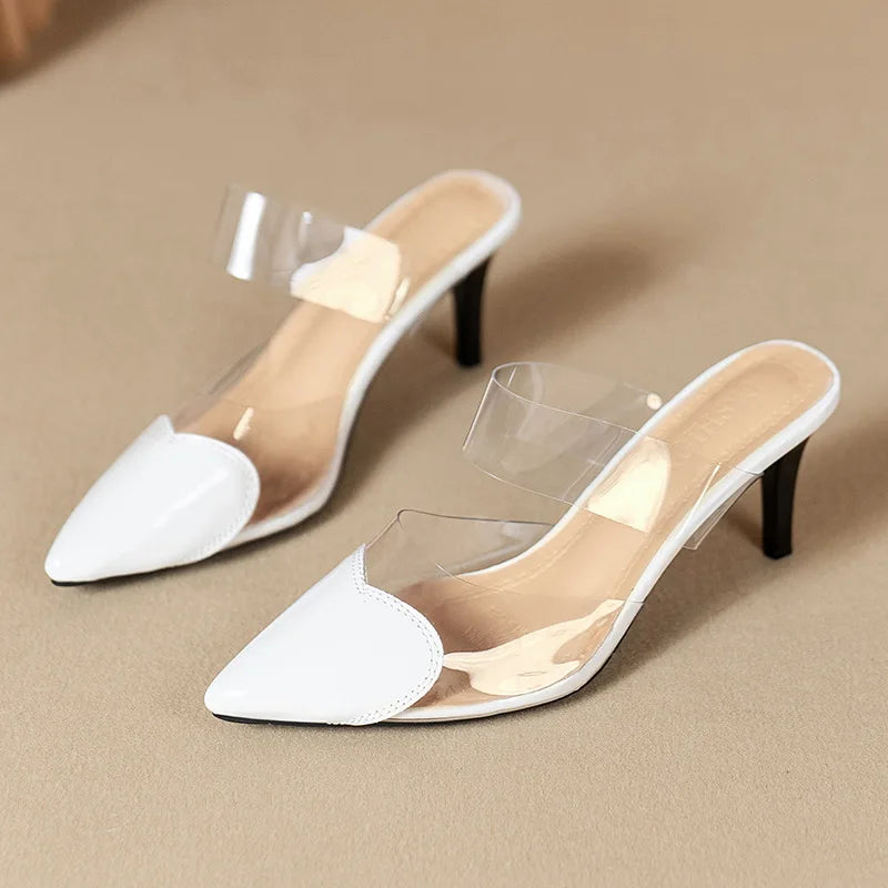 Pointed Toe Slippers,2024 High Heeled Summer Shoes,Transparent PVC Slides,Outside Wearing,Slip On,Black,White,Red,35-40,Dropship - Belvar