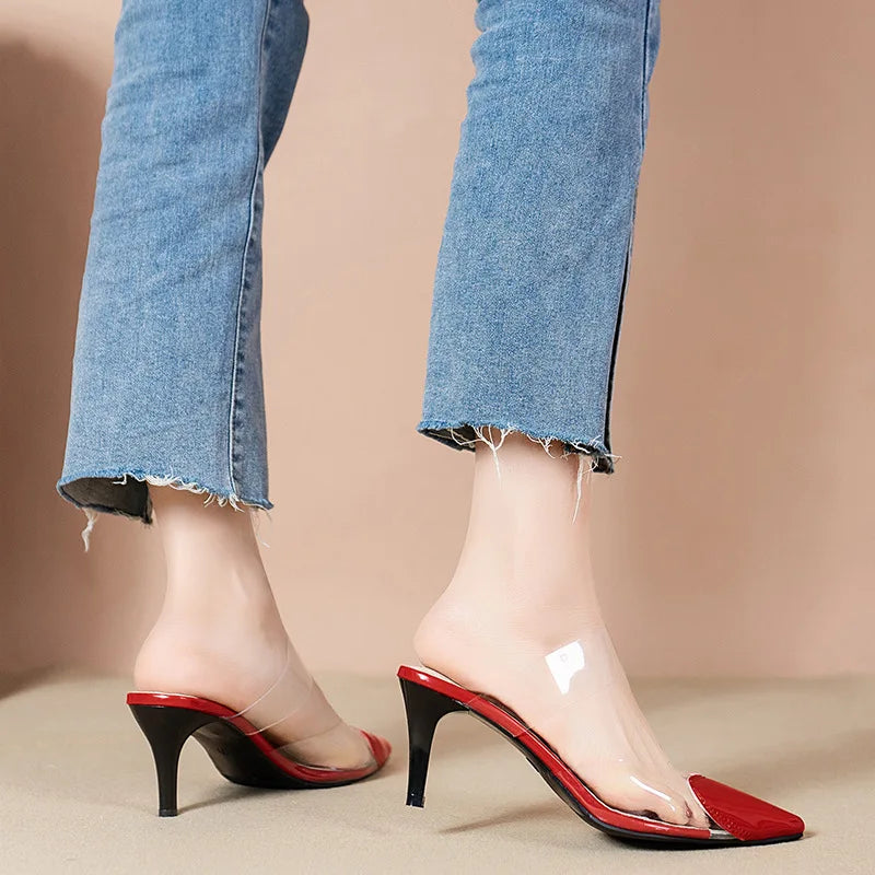 Pointed Toe Slippers,2024 High Heeled Summer Shoes,Transparent PVC Slides,Outside Wearing,Slip On,Black,White,Red,35-40,Dropship - Belvar