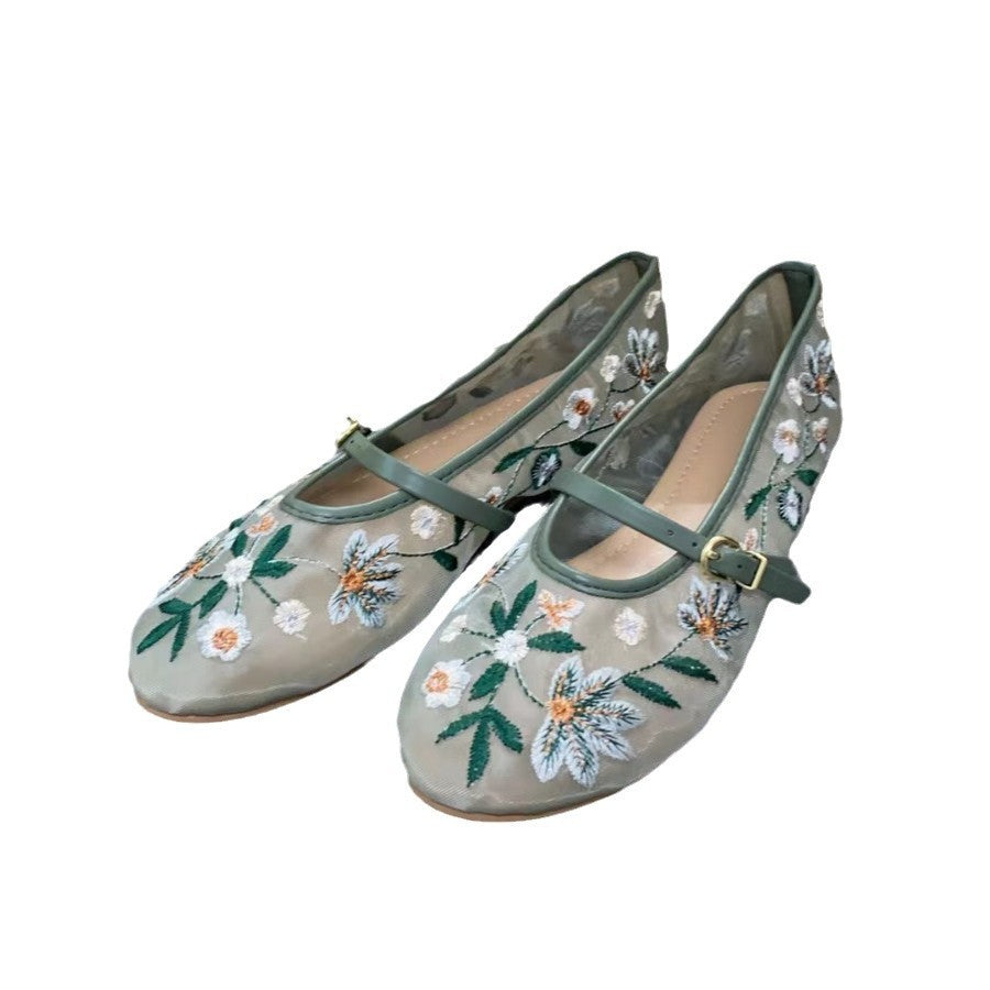 Women's Shoes Green Flower Embroidered Mesh Cloth Ballerina Flats New Guo Feng
