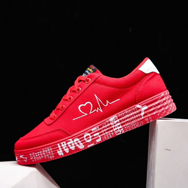Love Print Canvas Shoes Women Men Flats Lace-up Casual Shoes Lover Sports Shoes Valentines Day - Belvar