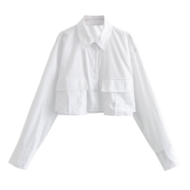Solid Color Polo Collar Single-breasted Long Sleeve Pocket Trim Short Shirt