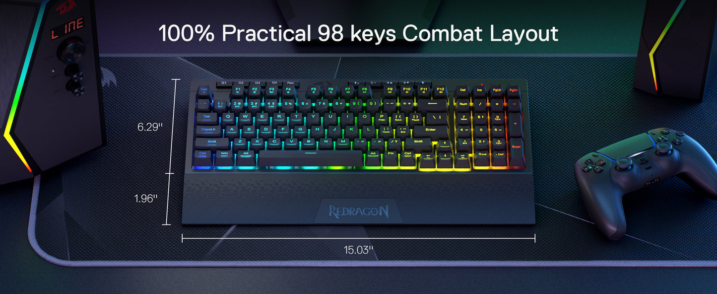 Redragon K515 PRO Shiva RGB Wireless 98 Keys Mechanical Membrane Gaming Keyboard, Smooth Linear Switch, Detachable Wrist Rest