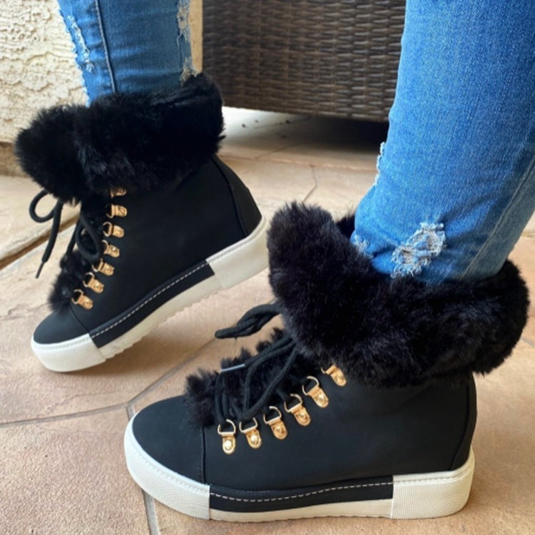 Lace-up Boots Cute Thick Sole Heighten Non Slip Snow Shoes Fall Winter Keep Warm Plush Lined Furry Ankle Boots Outdoor Walking Flat Shoes - Belvar