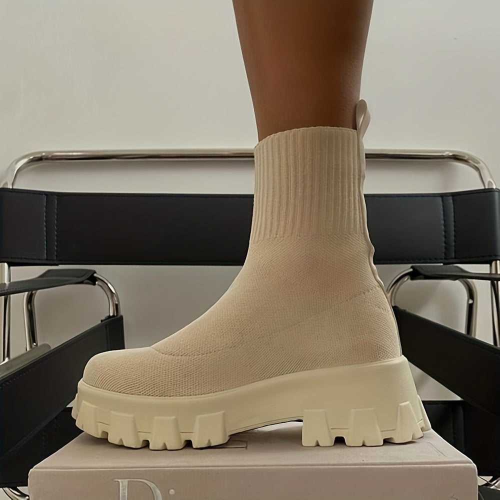 Women's Thick-soled Short Boots, Knitted Round Toe Shoes