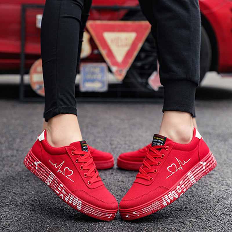Love Print Canvas Shoes Women Men Flats Lace-up Casual Shoes Lover Sports Shoes Valentines Day - Belvar