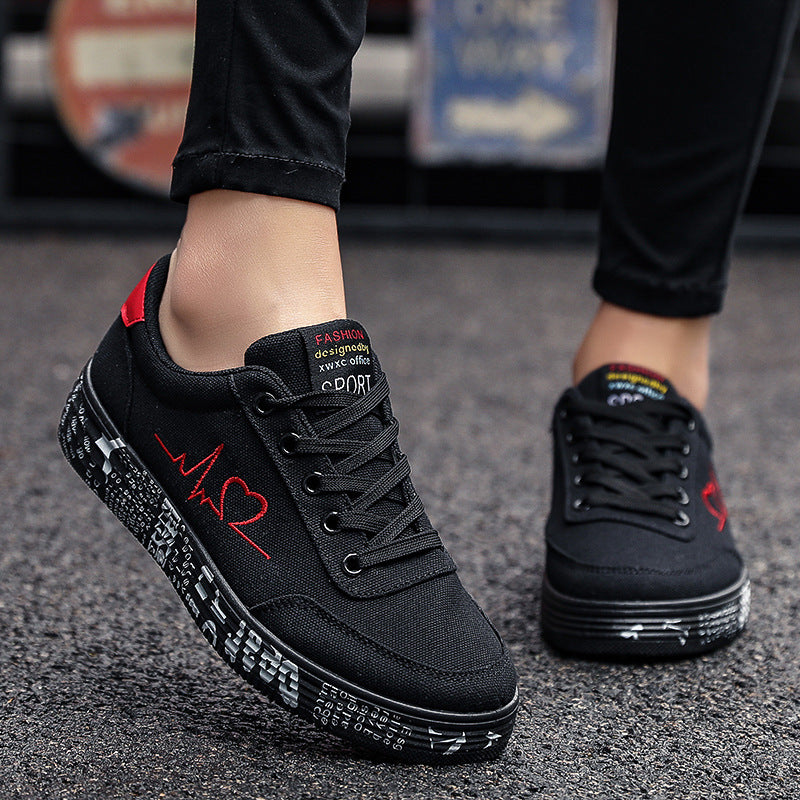 Love Print Canvas Shoes Women Men Flats Lace-up Casual Shoes Lover Sports Shoes Valentines Day - Belvar