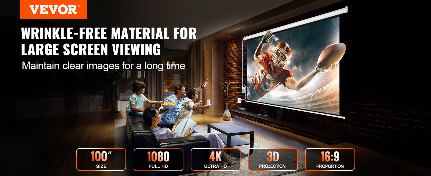 SucceBuy Electric Motorized Projector Screen 100in16:9 4K 1080 HD Wall Mount Movie Screen for Family Home Office Movie Theater