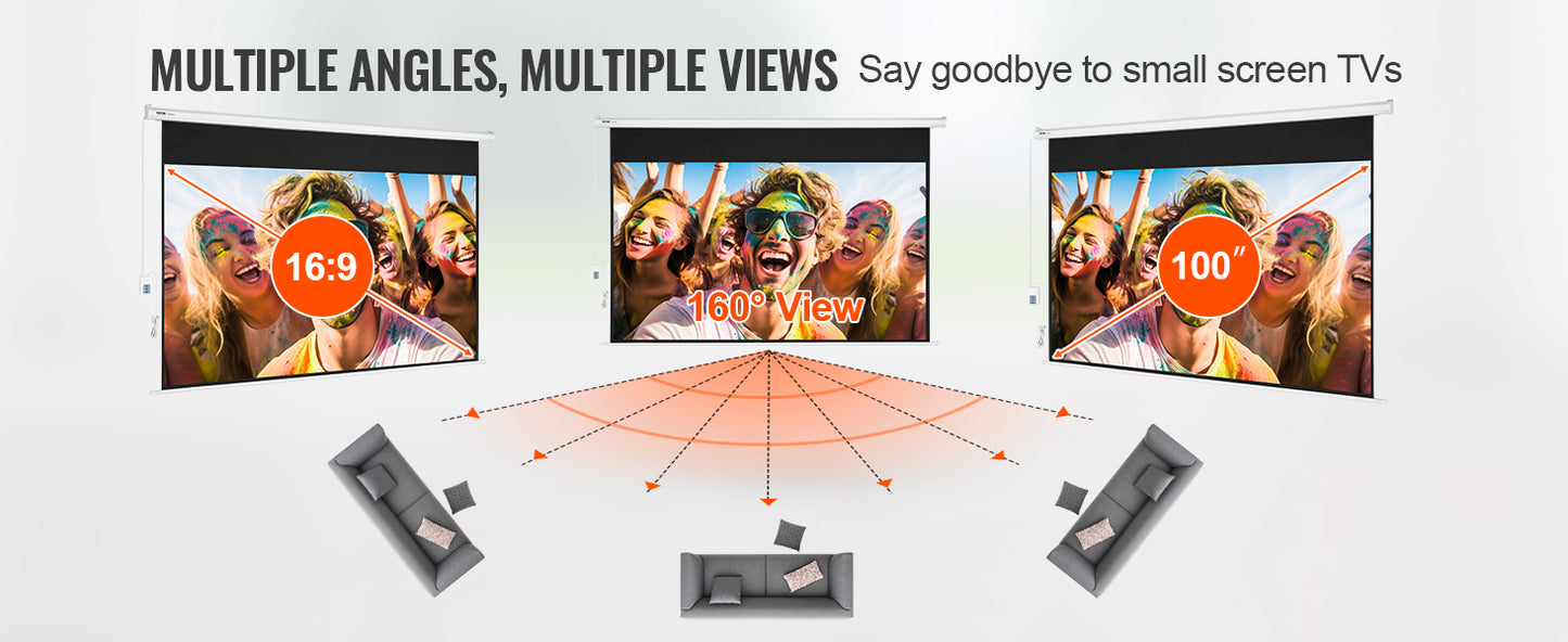 SucceBuy Electric Motorized Projector Screen 100in16:9 4K 1080 HD Wall Mount Movie Screen for Family Home Office Movie Theater