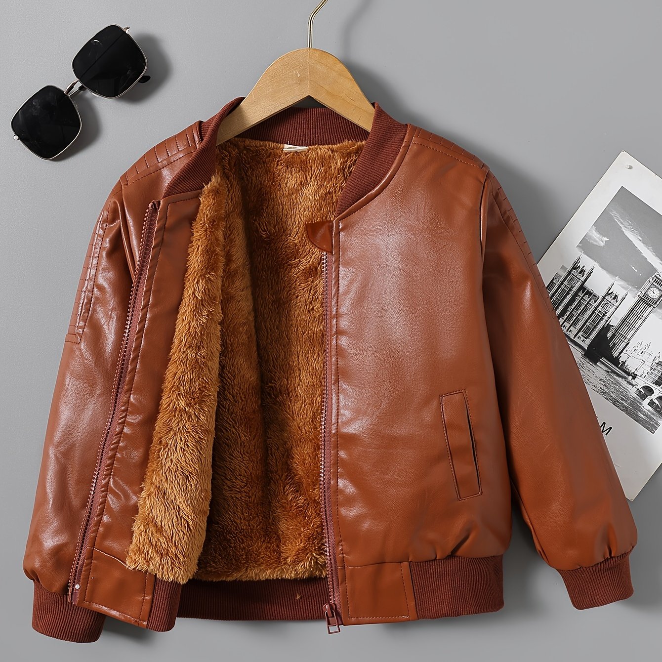 [Fleece-Lined Jacket] Cozy Fleece-Lined Boys' Zip-Up Jacket | Casual Stand Collar, Long Sleeve Outerwear for Fall/Winter