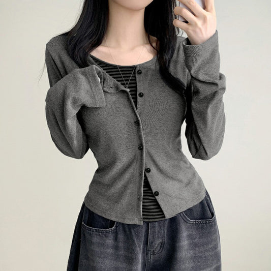 Striped Breasted Fake Two Pieces Leisure Slim Fit Slimming Top