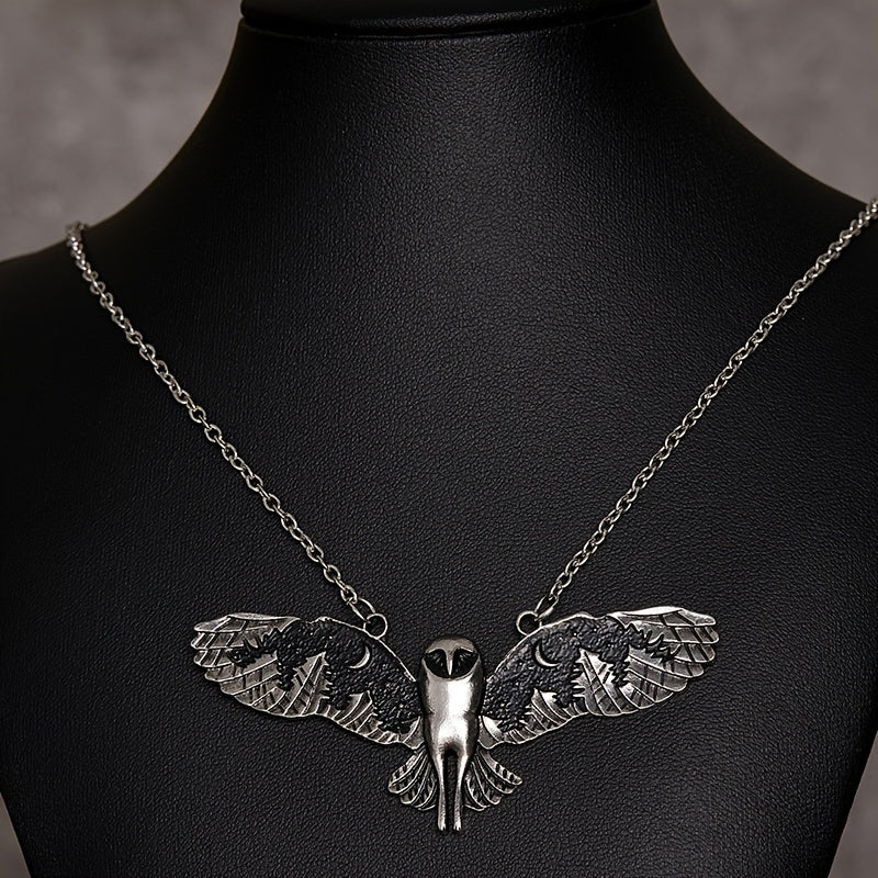 [Silvery Owl Pendant Animal Totem] Vintage Silvery Owl Pendant Necklace Witch Moon Phase Art Necklace Ladies Animal Totem Necklace Jewelry Gift