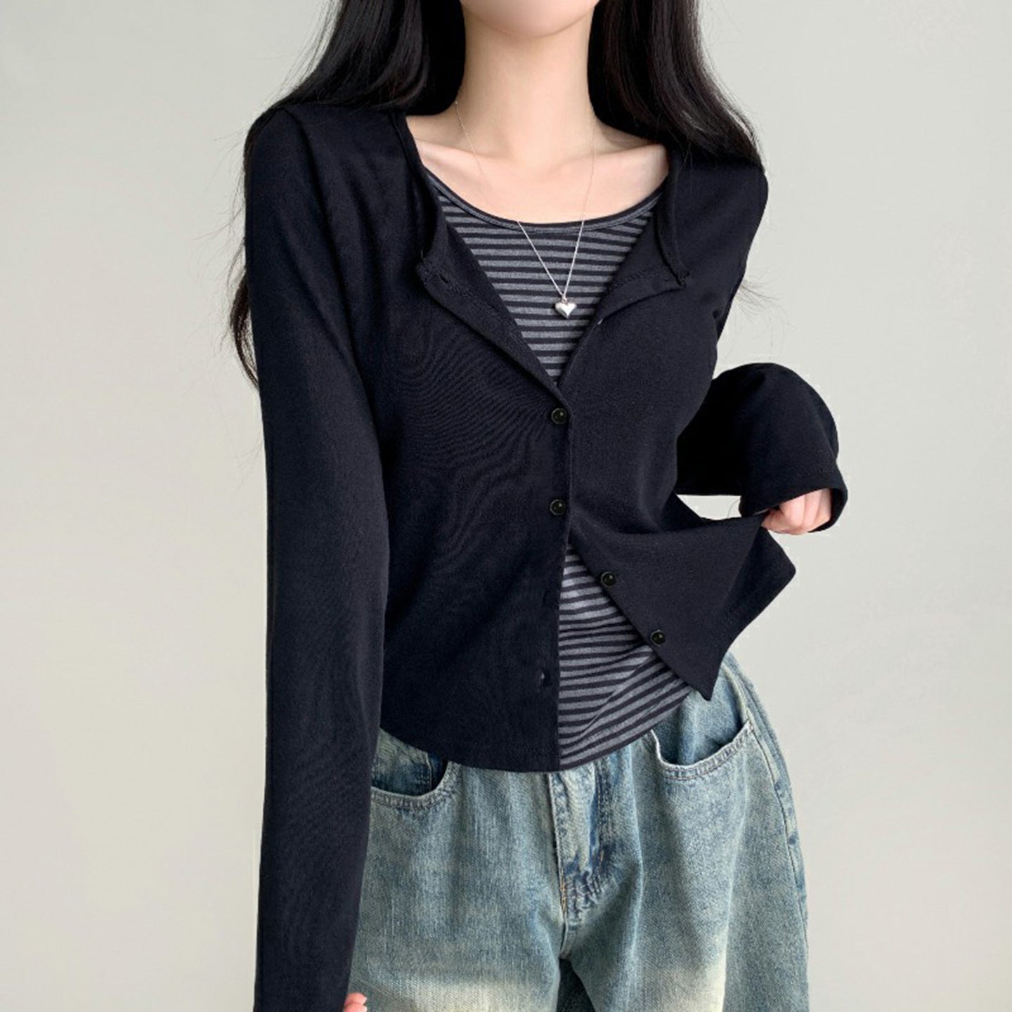 Striped Breasted Fake Two Pieces Leisure Slim Fit Slimming Top