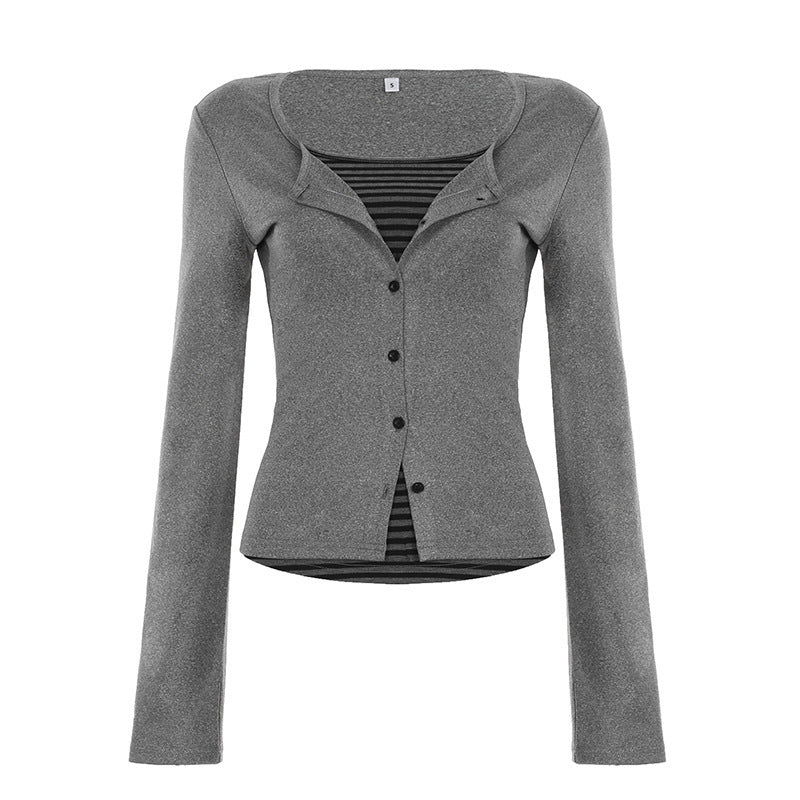 Striped Breasted Fake Two Pieces Leisure Slim Fit Slimming Top