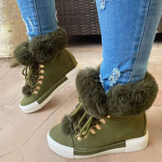Lace-up Boots Cute Thick Sole Heighten Non Slip Snow Shoes Fall Winter Keep Warm Plush Lined Furry Ankle Boots Outdoor Walking Flat Shoes - Belvar