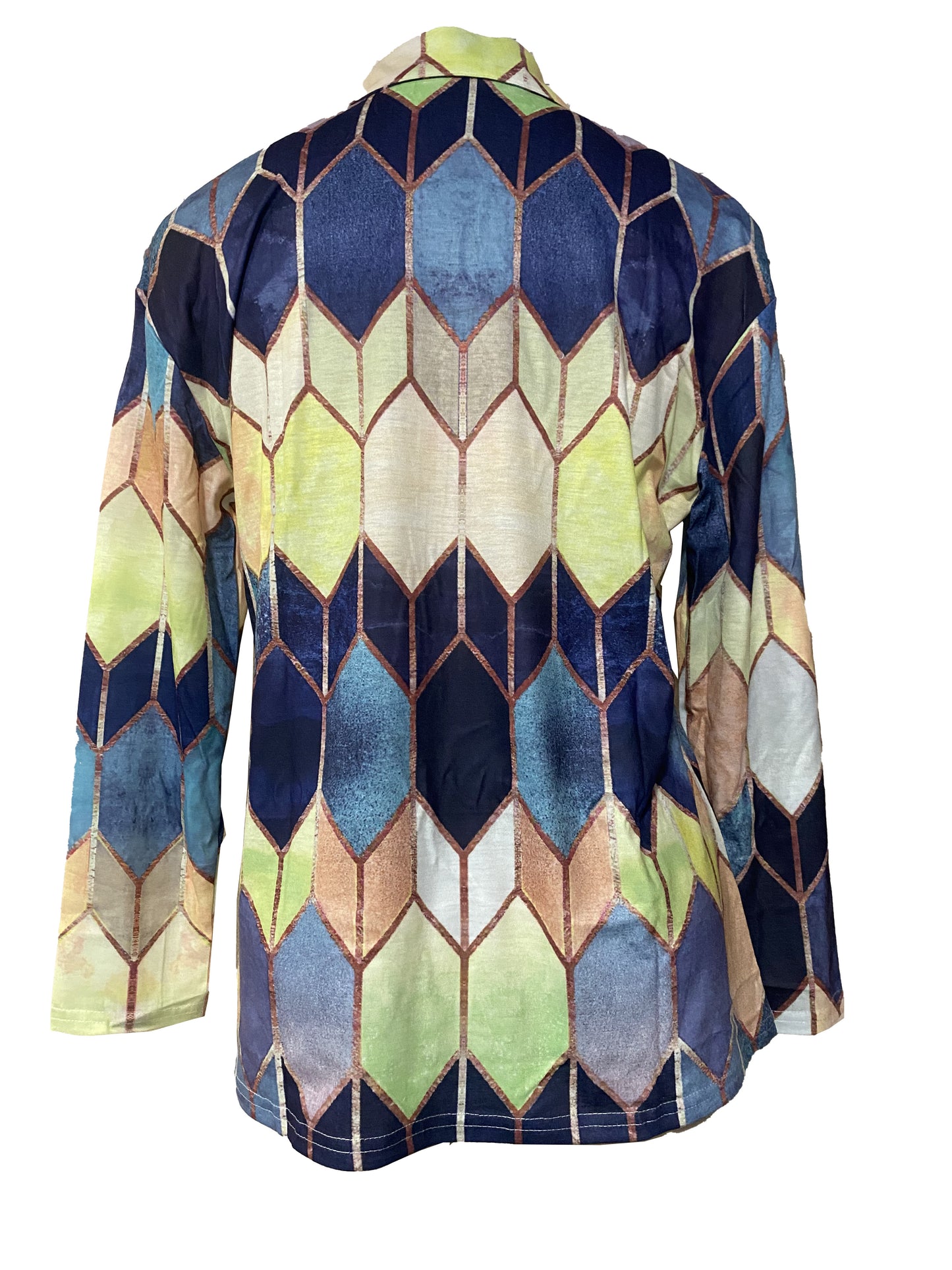 [Stretchy Shirt] Comfortable Stretchy Geometric Zip-Up Long Sleeve Shirt | Colorful Polyester Blend, Machine Washable - Casual Style for All Seasons