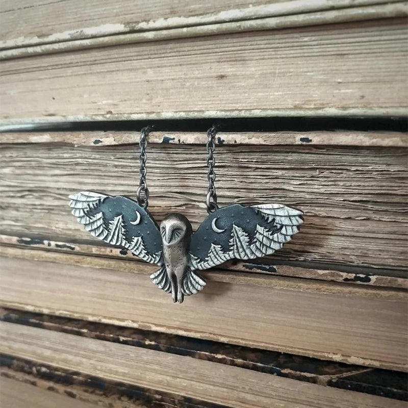 [Silvery Owl Pendant Animal Totem] Vintage Silvery Owl Pendant Necklace Witch Moon Phase Art Necklace Ladies Animal Totem Necklace Jewelry Gift