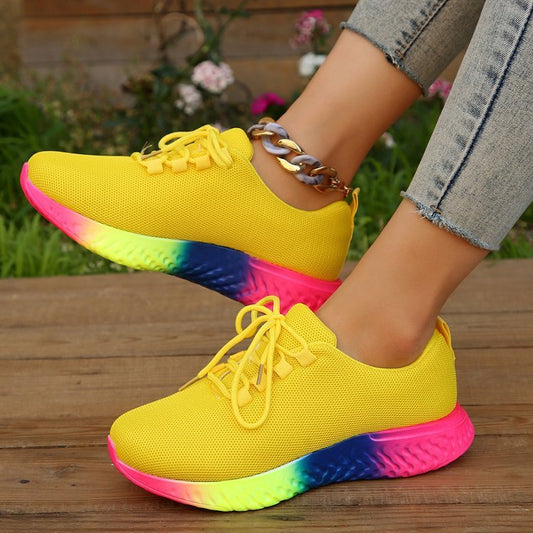 Lace-up Mesh Shoes With Rainbow Sole Design Fashion Walking Running Sports Shoes Sneakers For Women - Belvar