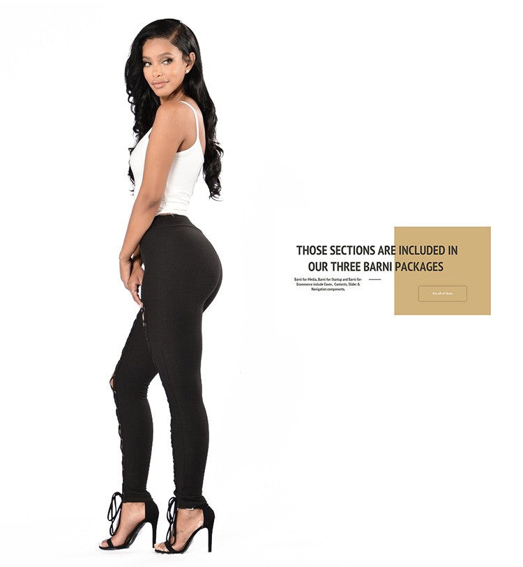 [Cropped High-Waist Leggings with Eyelet] Sexy Cross-Strap High-Waist Leggings with Eyelet Detail, Stretch Polyester Blend, Solid Color Cropped Pants for Women - Perfect for Fall/Spring