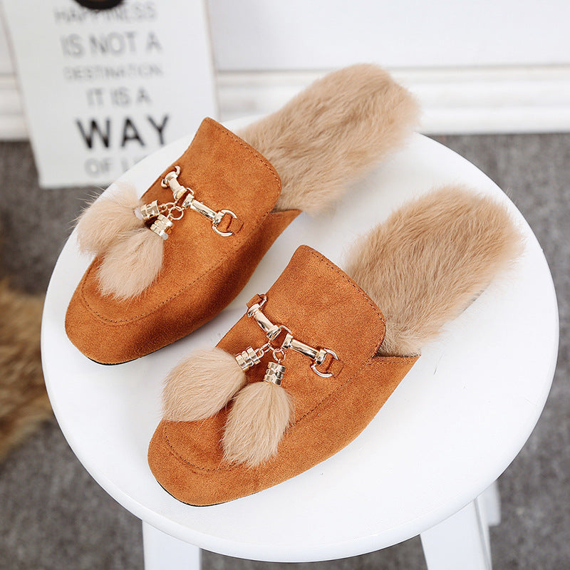 Rabbit Fur Suede Half Slippers Leather Fur Ball Flat Fur Shoes