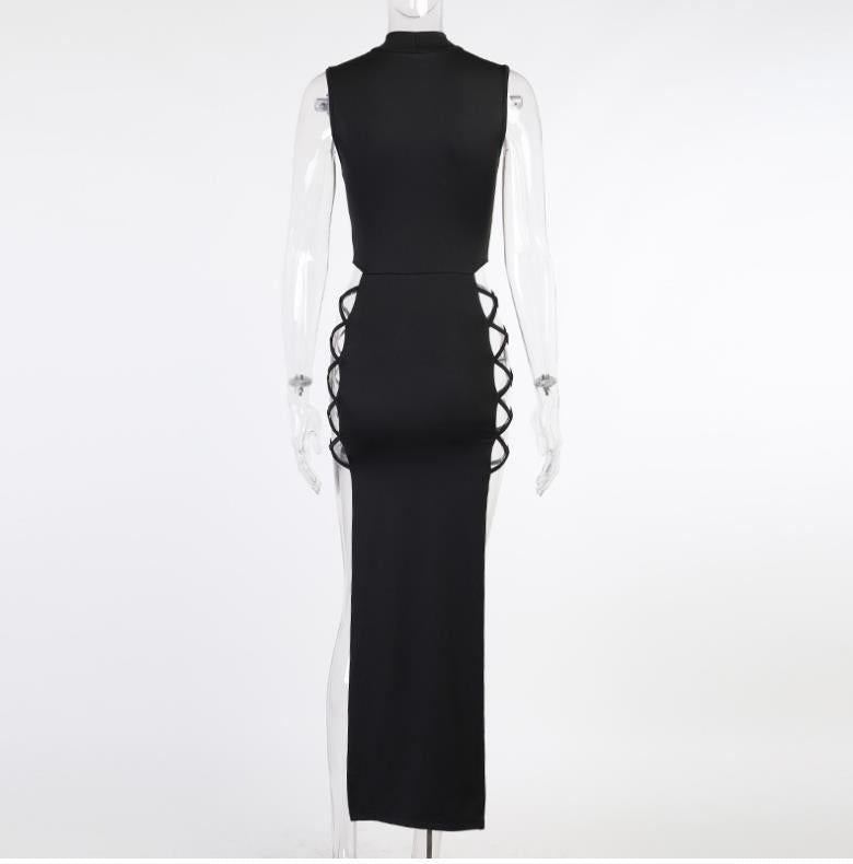 Solid Sleeveless Hollow Out Sexy Dress, High Split High Neck Dress, Women's Clothing