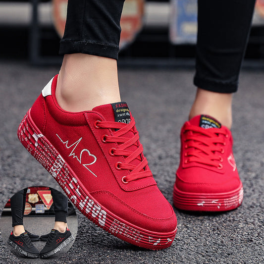 Love Print Canvas Shoes Women Men Flats Lace-up Casual Shoes Lover Sports Shoes Valentines Day - Belvar