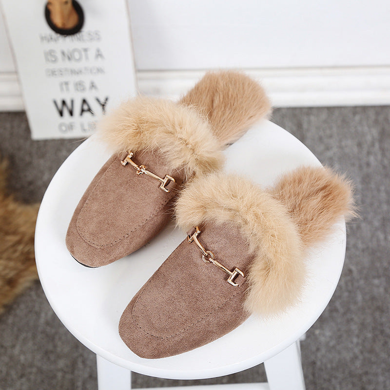 Rabbit Fur Suede Half Slippers Leather Fur Ball Flat Fur Shoes
