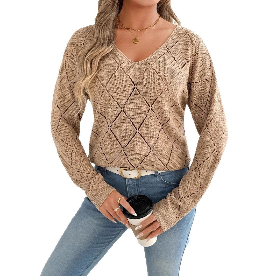 Solid Color And V-neck Sexy Cutout Plaid Long-sleeved Sweater Sweater