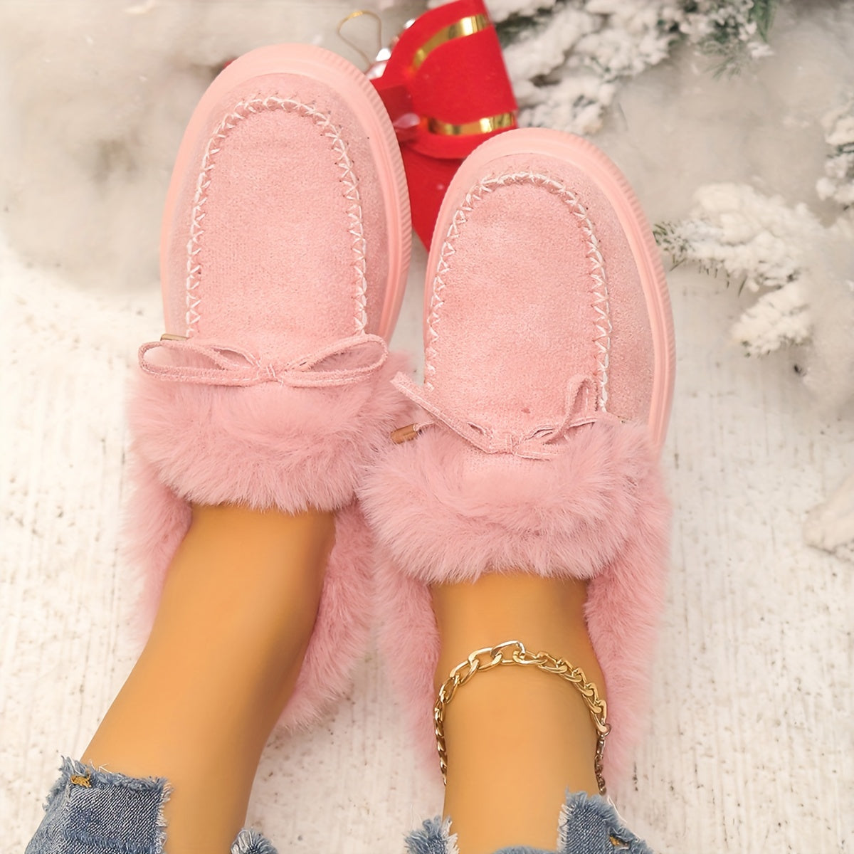 [Pink Faux Fur Boots] Vibrant Pink Plush Faux Fur Women's Ankle Boots | Slip-On Snow Boots with Round Toe, Soft Fabric Upper & Lining, Non-Slip Rubber Sole - Plus Size Available for Cold Weather Comfort