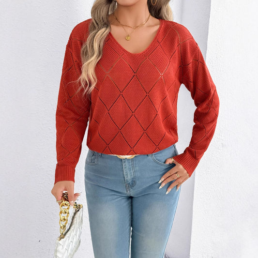 Solid Color And V-neck Sexy Cutout Plaid Long-sleeved Sweater Sweater