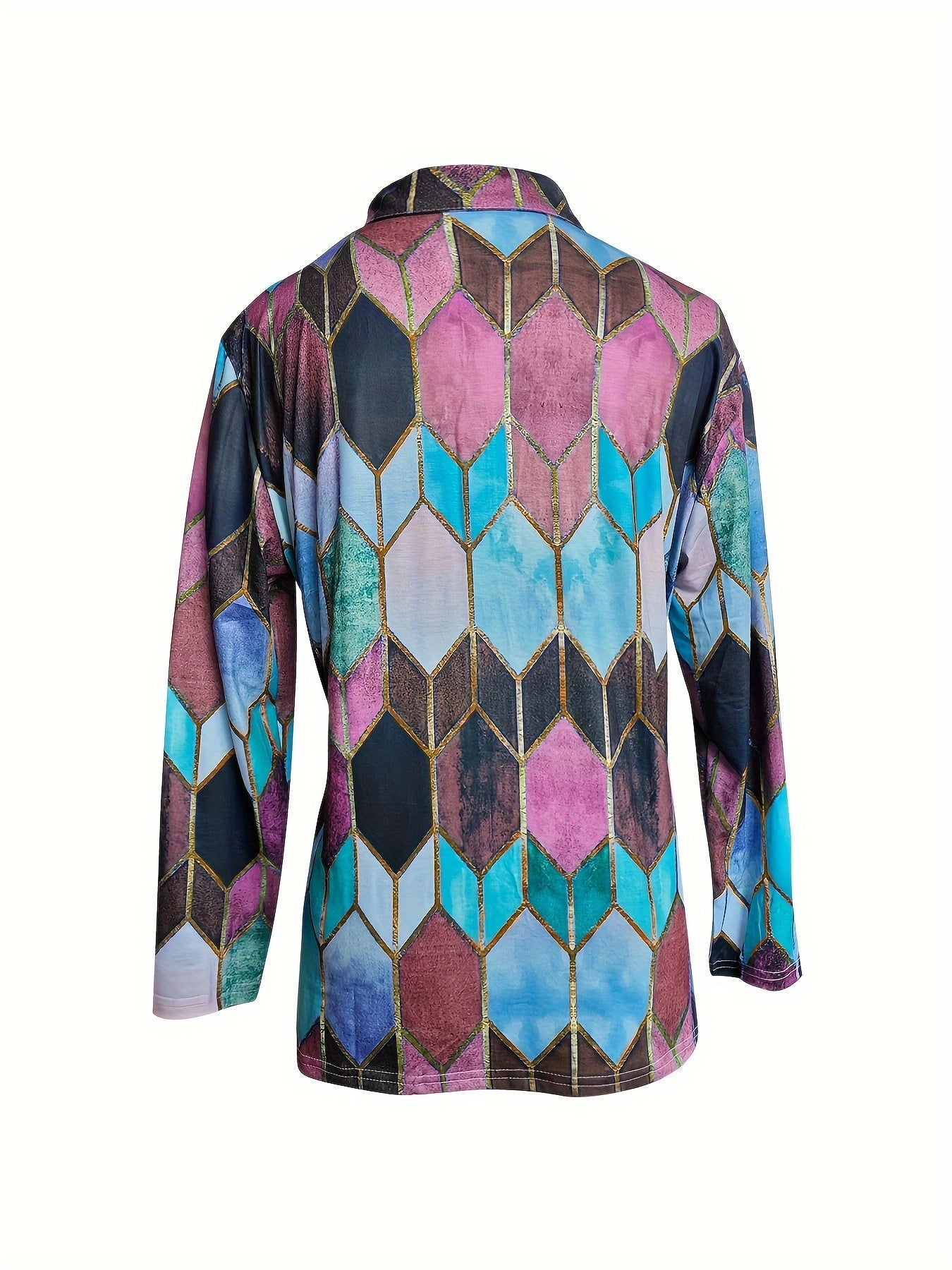 [Stretchy Shirt] Comfortable Stretchy Geometric Zip-Up Long Sleeve Shirt | Colorful Polyester Blend, Machine Washable - Casual Style for All Seasons