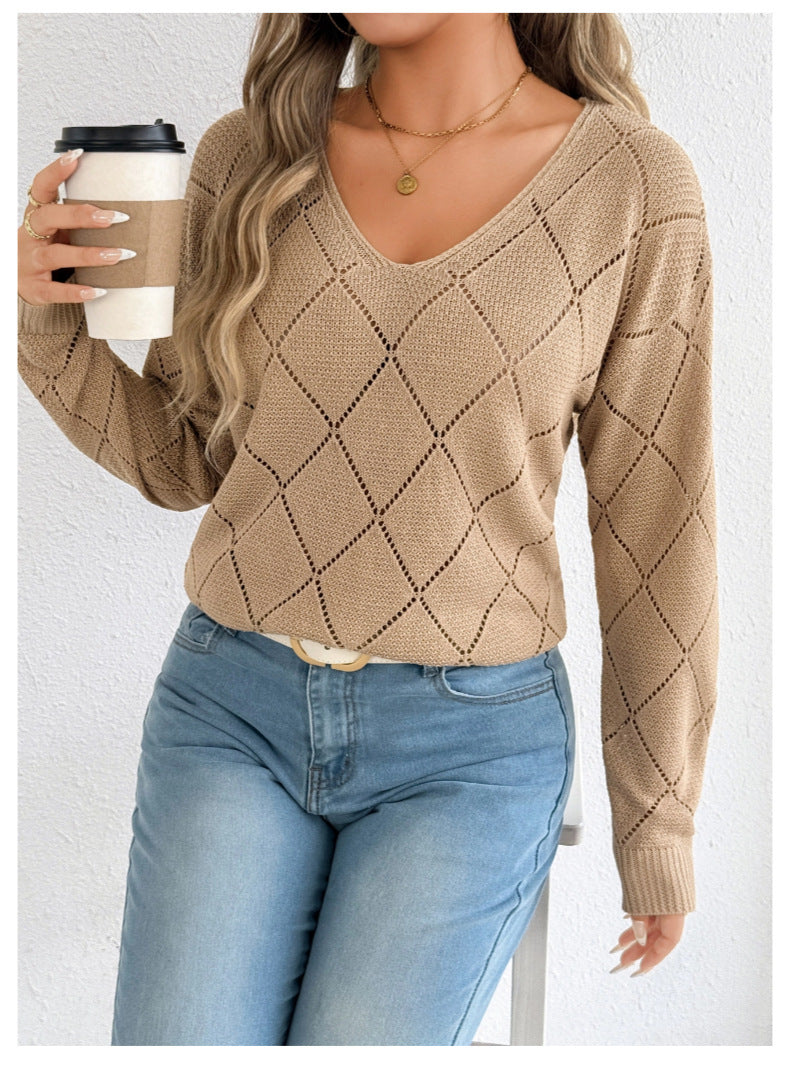 Solid Color And V-neck Sexy Cutout Plaid Long-sleeved Sweater Sweater