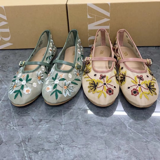 Women's Shoes Green Flower Embroidered Mesh Cloth Ballerina Flats New Guo Feng