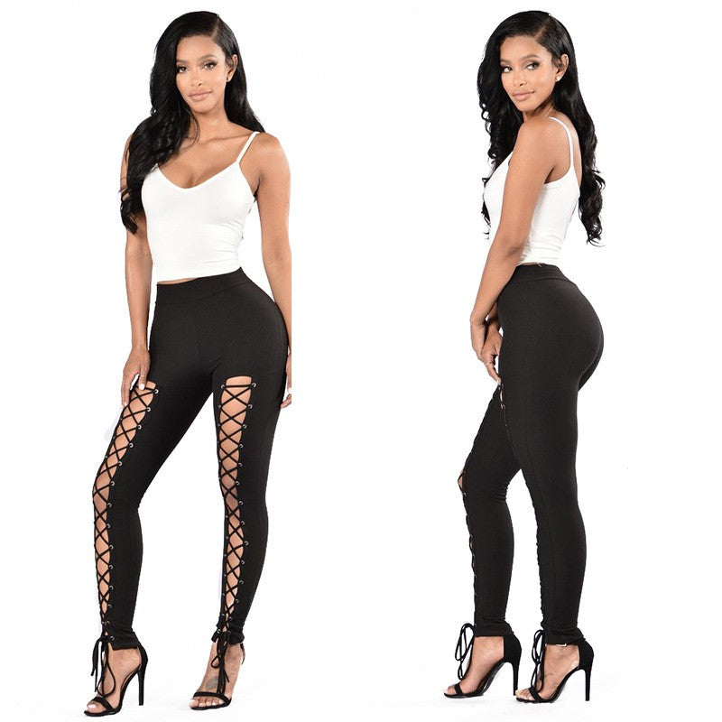 [Cropped High-Waist Leggings with Eyelet] Sexy Cross-Strap High-Waist Leggings with Eyelet Detail, Stretch Polyester Blend, Solid Color Cropped Pants for Women - Perfect for Fall/Spring