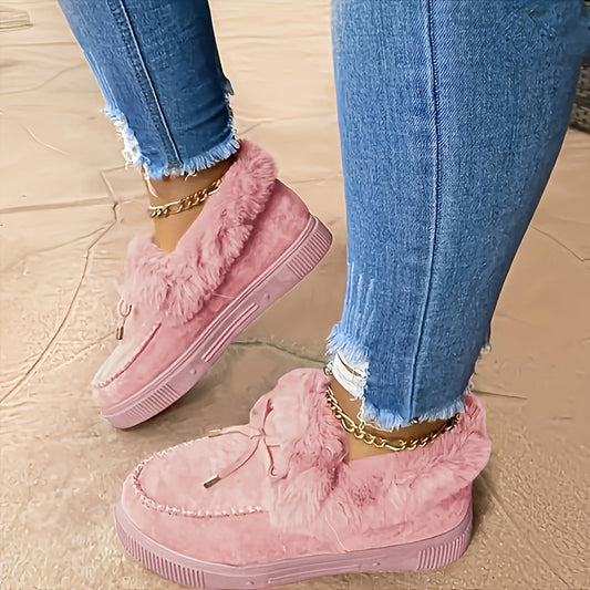 [Pink Faux Fur Boots] Vibrant Pink Plush Faux Fur Women's Ankle Boots | Slip-On Snow Boots with Round Toe, Soft Fabric Upper & Lining, Non-Slip Rubber Sole - Plus Size Available for Cold Weather Comfort