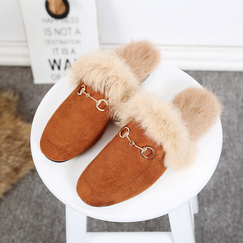 Rabbit Fur Suede Half Slippers Leather Fur Ball Flat Fur Shoes