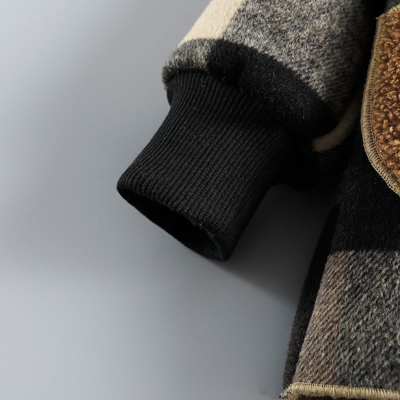 [Cozy Boys' Plaid Jacket] Cozy & Durable Boys' Fleece-Lined Plaid Jacket | Button Front, Pockets & Hood - Long Sleeve Casual Winter Coat for Fall/Winter, Brown & Black Checkered Pattern, Outerwear
