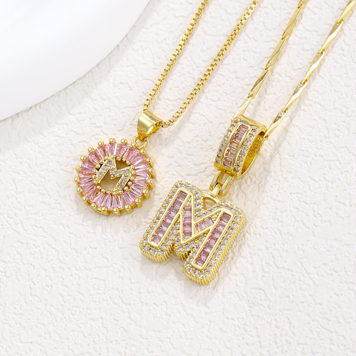 26 Letter Pendant Necklace Copper Inlaid Zirconium Plated Real Gold