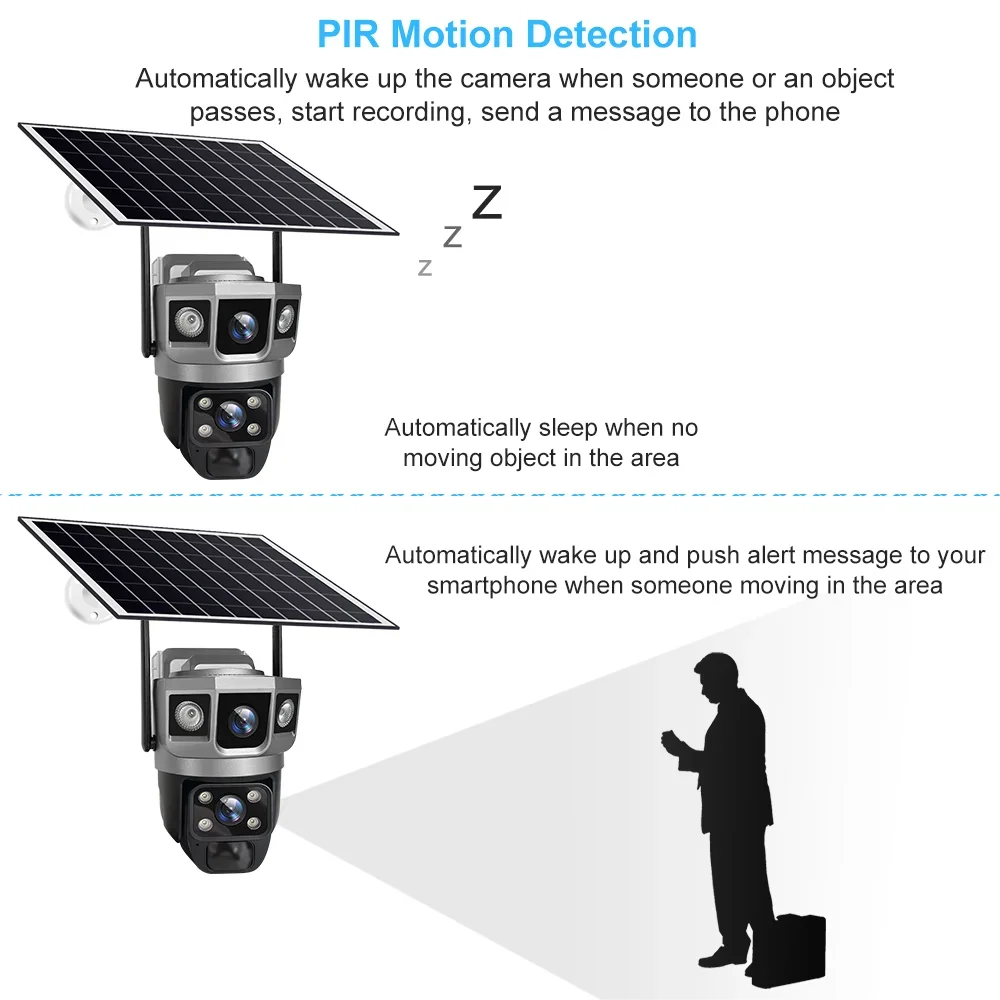 WIFI Wireless Solar Camera CCTV HD 12MP 4K Dual Lens Triple PTZ Auto Tracking Security Home Monitor V380 Pro Outdoor IP Camera