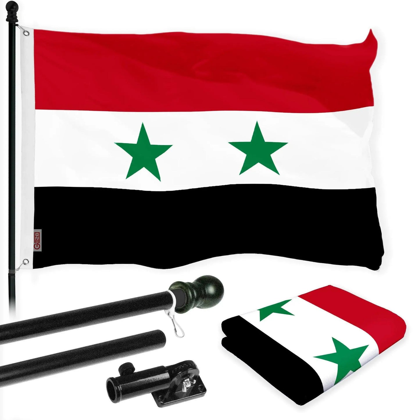 UD_G128 Combo Pack: 6 Ft Tangle Free Aluminum Spinning Flagpole (Black) & Syria Syrian Flag 3x5 Ft, LiteWeave Pro Series Printed