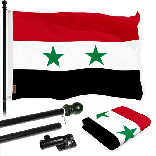 UD_G128 Combo Pack: 6 Ft Tangle Free Aluminum Spinning Flagpole (Black) & Syria Syrian Flag 3x5 Ft, LiteWeave Pro Series Printed